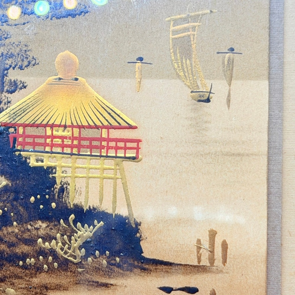 Vintage Japanese Landscape Art Framed Mount Fuji 1922 Brown Gold Fair 15x8 - Picture 5 of 14